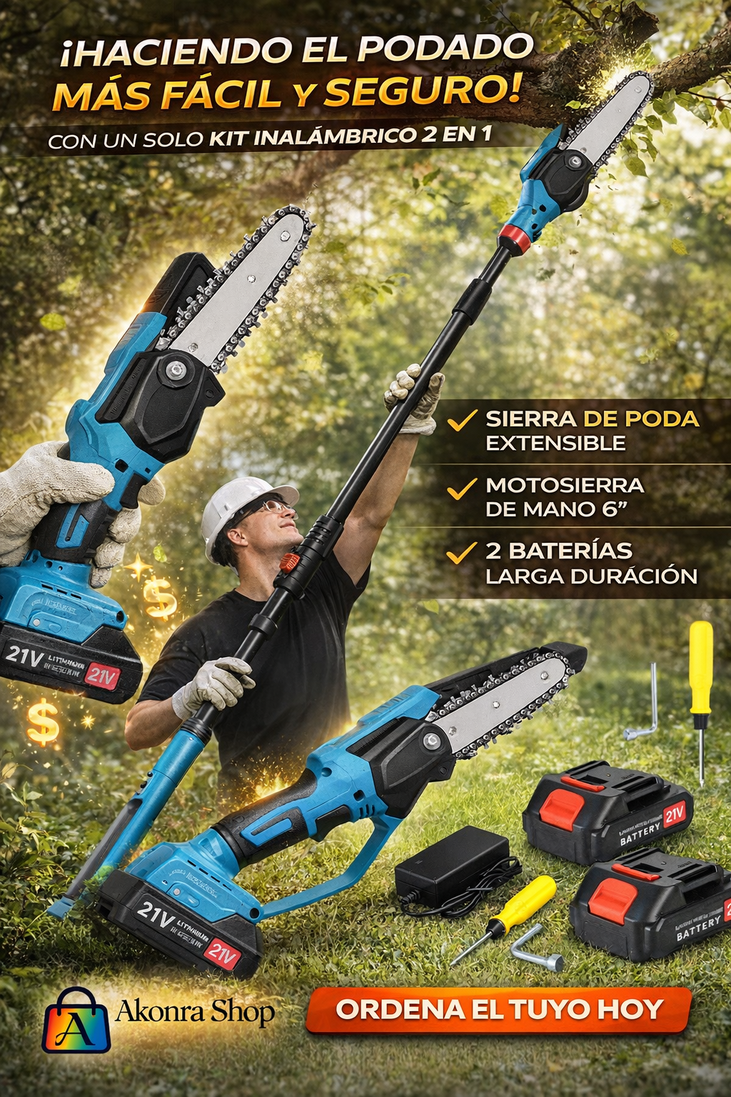 SET JARDINERO- CORTACESPED-TIJERA-MOTOSIERRA ( 3 PZ/ 2 BATERIAS DE 48V (4UND X CAJA) HD-0329